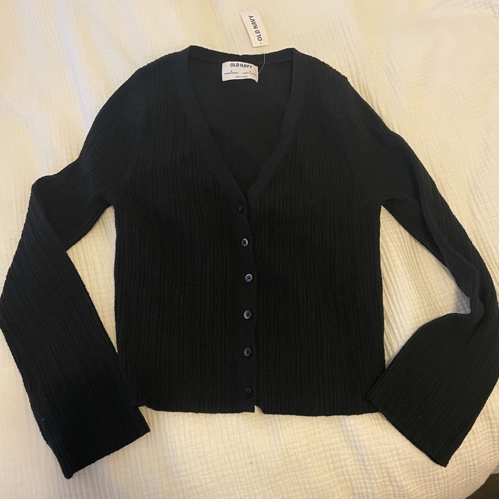 Old Navy Black Textured Bouclé Button-Down Sweater